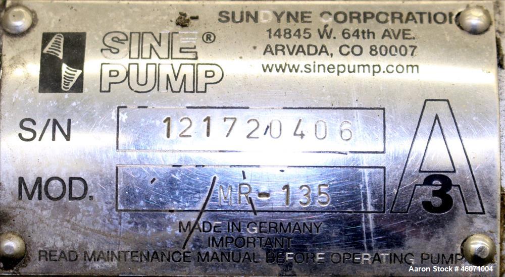 Used Sine Medium Duty Sanitary Rotary Positive Displacement Pump, Model MR-135, 316 Stainless Steel. 3" Tri-clamp inlet/outlet. (1) Single rotor, approximately 138 gallons per minute. (0.23) Gallons ...