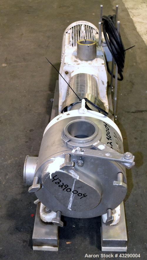Used Sine Medium Duty Sanitary Rotary Positive Displacement Pump, Model MR-150, 316 Stainless Steel.4“ Tri-clamp inlet/outlet.(1) Single rotor, approximately 282 gallons per minute at 600 rpm at 150 ...