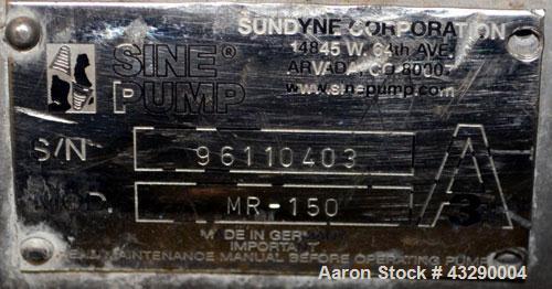 Used Sine Medium Duty Sanitary Rotary Positive Displacement Pump, Model MR-150, 316 Stainless Steel.4“ Tri-clamp inlet/outlet.(1) Single rotor, approximately 282 gallons per minute at 600 rpm at 150 ...