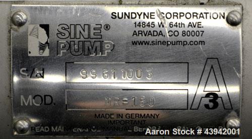 Used Sine Medium Duty Sanitary Rotary Positive Displacement Pump, Model MR-150, 316 Stainless Steel. 4“ Tri-clamp inlet/outlet. (1) Single rotor, approximately 282 gallons per minute at 600 rpm at 15...