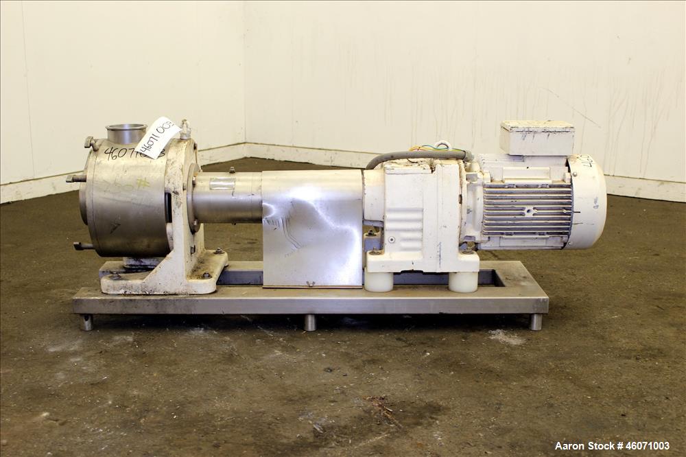 Used Sine Medium Duty Sanitary Rotary Positive Displacement Pump, Model MR-150, 316 Stainless Steel. 3-3/4" Tri-clamp inlet/outlet. (1) Single rotor, approximately 282 gallons per minute at 600 rpm a...