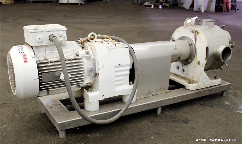 Used Sine Medium Duty Sanitary Rotary Positive Displacement Pump, Model MR-150, 316 Stainless Steel. 3-3/4" Tri-clamp inlet/outlet. (1) Single rotor, approximately 282 gallons per minute at 600 rpm a...
