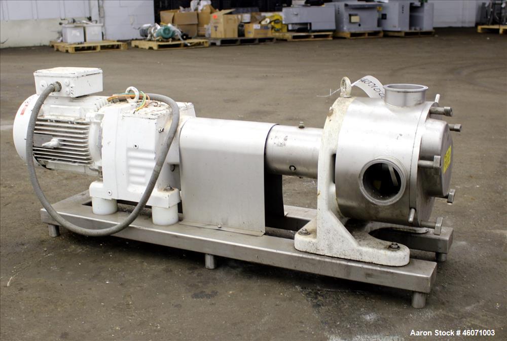Used Sine Medium Duty Sanitary Rotary Positive Displacement Pump, Model MR-150, 316 Stainless Steel. 3-3/4" Tri-clamp inlet/outlet. (1) Single rotor, approximately 282 gallons per minute at 600 rpm a...