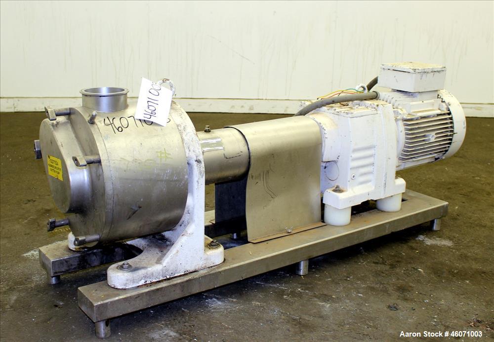Used Sine Medium Duty Sanitary Rotary Positive Displacement Pump, Model MR-150, 316 Stainless Steel. 3-3/4" Tri-clamp inlet/outlet. (1) Single rotor, approximately 282 gallons per minute at 600 rpm a...