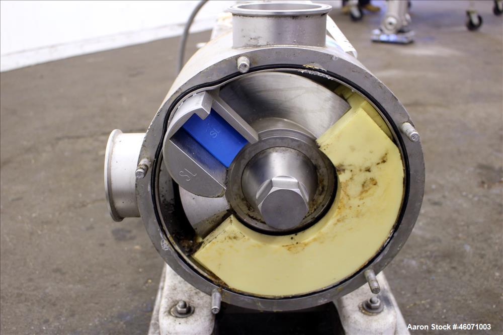Used Sine Medium Duty Sanitary Rotary Positive Displacement Pump, Model MR-150, 316 Stainless Steel. 3-3/4" Tri-clamp inlet/outlet. (1) Single rotor, approximately 282 gallons per minute at 600 rpm a...