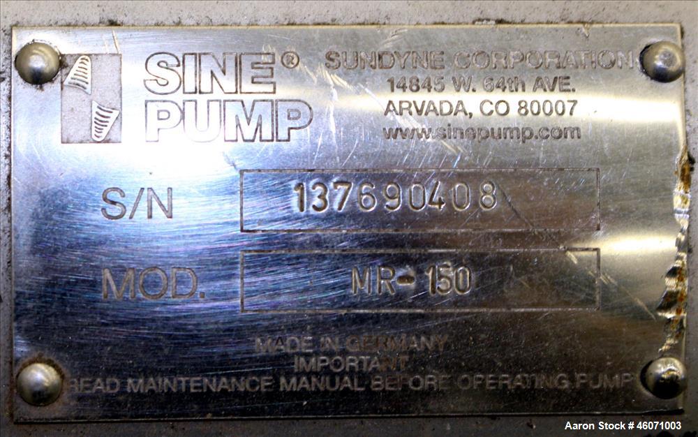 Used Sine Medium Duty Sanitary Rotary Positive Displacement Pump, Model MR-150, 316 Stainless Steel. 3-3/4" Tri-clamp inlet/outlet. (1) Single rotor, approximately 282 gallons per minute at 600 rpm a...