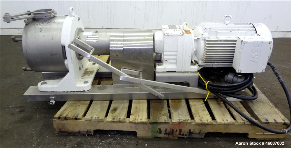 Used Sundyne Sine Sanitary Rotary Positive Displacement Pump, Model MR-150, 316 Stainless Steel. Approximately 282 gallons per minute and up to 2" particle size. 4" Tri clamp inlet/outlet. Driven by ...