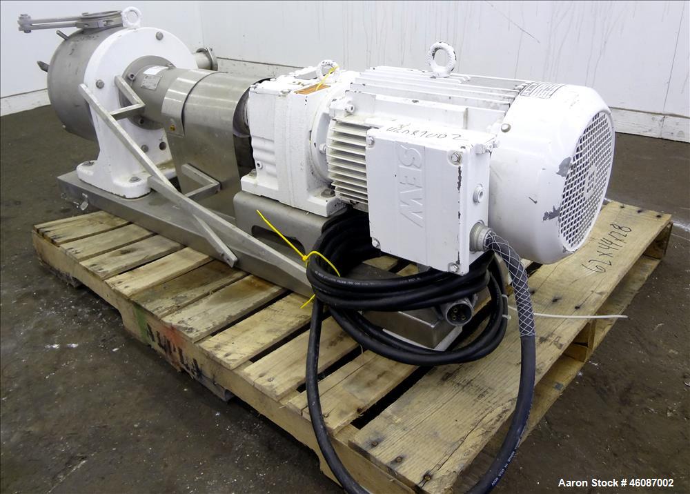 Used Sundyne Sine Sanitary Rotary Positive Displacement Pump, Model MR-150, 316 Stainless Steel. Approximately 282 gallons per minute and up to 2" particle size. 4" Tri clamp inlet/outlet. Driven by ...