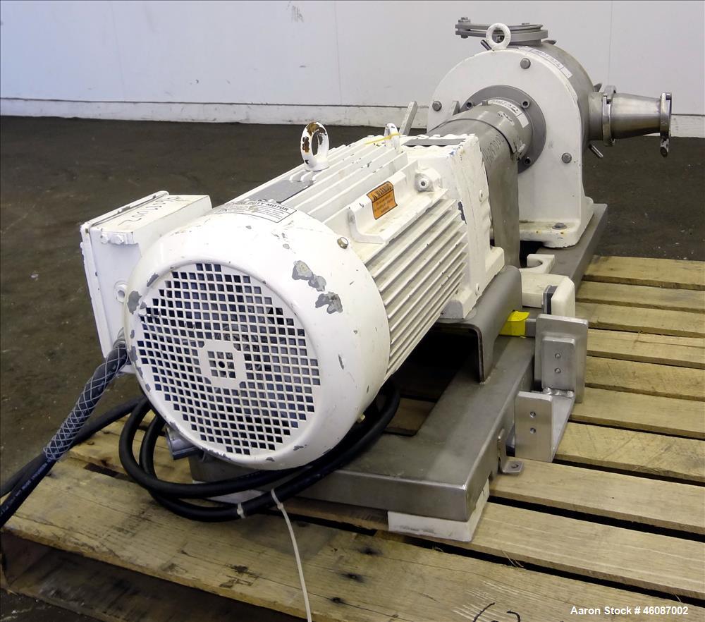 Used Sundyne Sine Sanitary Rotary Positive Displacement Pump, Model MR-150, 316 Stainless Steel. Approximately 282 gallons per minute and up to 2" particle size. 4" Tri clamp inlet/outlet. Driven by ...