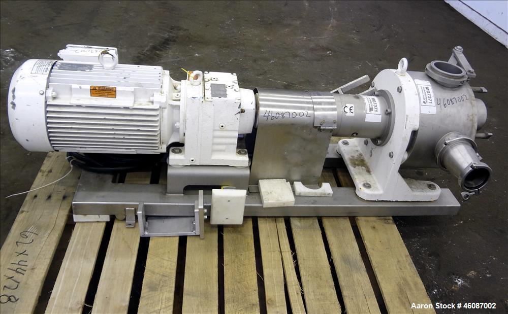 Used Sundyne Sine Sanitary Rotary Positive Displacement Pump, Model MR-150, 316 Stainless Steel. Approximately 282 gallons per minute and up to 2" particle size. 4" Tri clamp inlet/outlet. Driven by ...