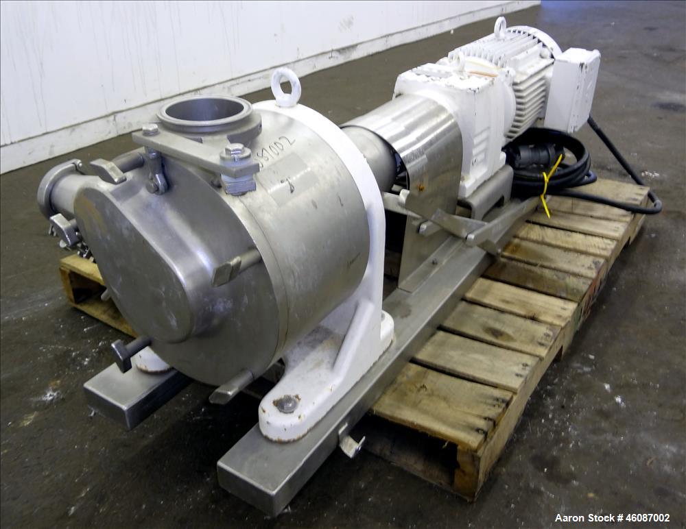 Used Sundyne Sine Sanitary Rotary Positive Displacement Pump, Model MR-150, 316 Stainless Steel. Approximately 282 gallons per minute and up to 2" particle size. 4" Tri clamp inlet/outlet. Driven by ...