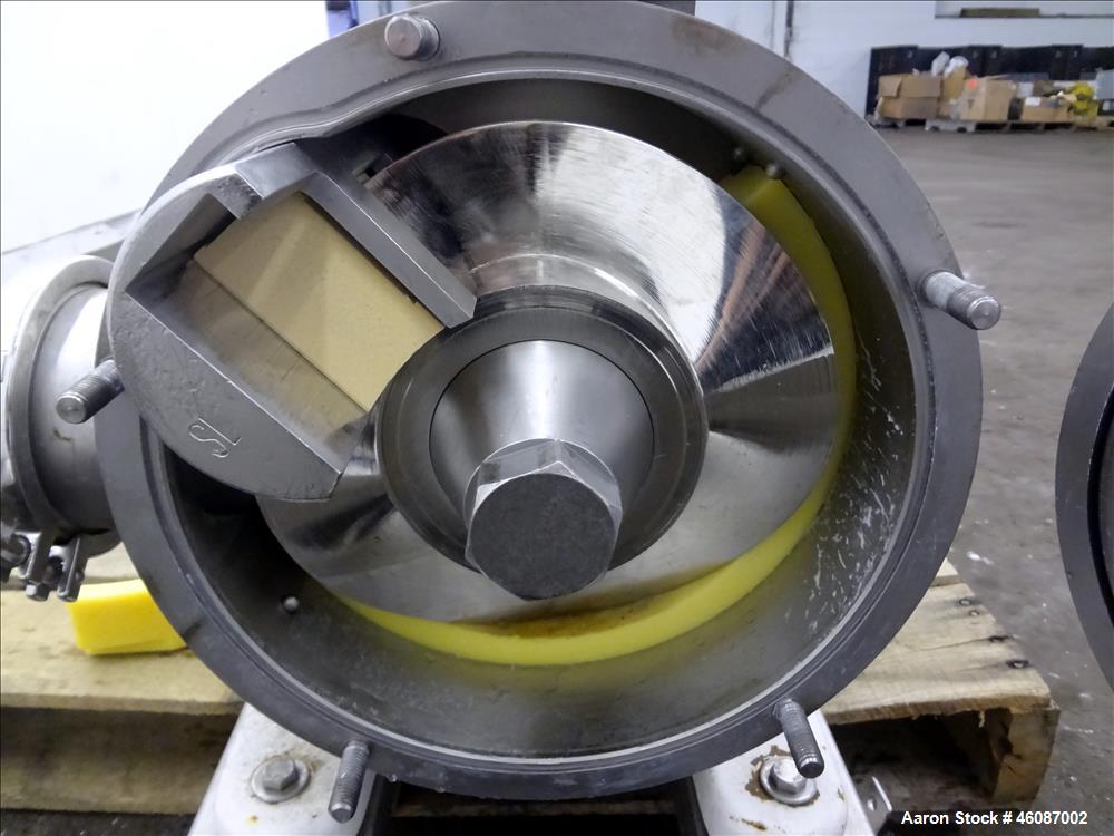 Used Sundyne Sine Sanitary Rotary Positive Displacement Pump, Model MR-150, 316 Stainless Steel. Approximately 282 gallons per minute and up to 2" particle size. 4" Tri clamp inlet/outlet. Driven by ...