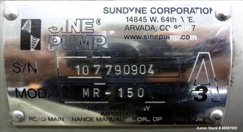 Used Sundyne Sine Sanitary Rotary Positive Displacement Pump, Model MR-150, 316 Stainless Steel. Approximately 282 gallons per minute and up to 2" particle size. 4" Tri clamp inlet/outlet. Driven by ...