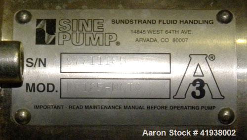 Used Sine Rotary Positive Displacement Pump, Model MR125-NNTC, 316 Stainless Steel. 2-1/2" tri-clamp inlet/outlet. (1) Single rotor, approximately 36 gallons per minute, (.06) gallons per revolution,...
