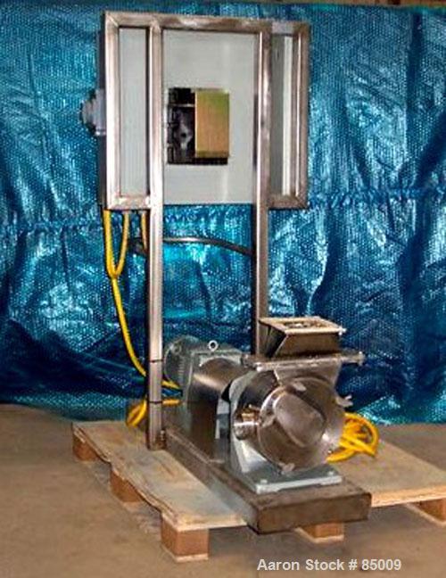 Used Sine Sanitary Rotary Positive Displacement Pump, Model MR135NNRBS, 316 stainless steel. 2" x 9" rectangular flange inlet, 3" NPT outlet, 1 single rotor, approx 14,000 pounds per hour and up to 1...