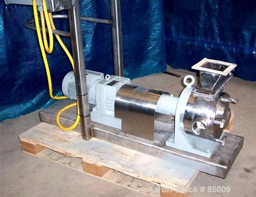 Used Sine Sanitary Rotary Positive Displacement Pump, Model MR135NNRBS, 316 stainless steel. 2" x 9" rectangular flange inlet, 3" NPT outlet, 1 single rotor, approx 14,000 pounds per hour and up to 1...