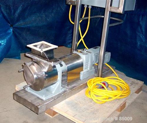 Used Sine Sanitary Rotary Positive Displacement Pump, Model MR135NNRBS, 316 stainless steel. 2" x 9" rectangular flange inlet, 3" NPT outlet, 1 single rotor, approx 14,000 pounds per hour and up to 1...