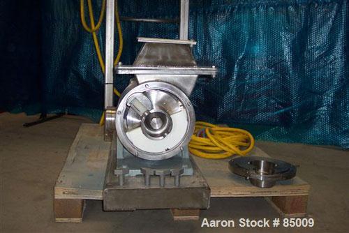 Used Sine Sanitary Rotary Positive Displacement Pump, Model MR135NNRBS, 316 stainless steel. 2" x 9" rectangular flange inlet, 3" NPT outlet, 1 single rotor, approx 14,000 pounds per hour and up to 1...