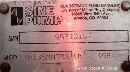 Used Sine Sanitary Rotary Positive Displacement Pump, Model MR135NNRBS, 316 stainless steel. 2" x 9" rectangular flange inlet, 3" NPT outlet, 1 single rotor, approx 14,000 pounds per hour and up to 1...