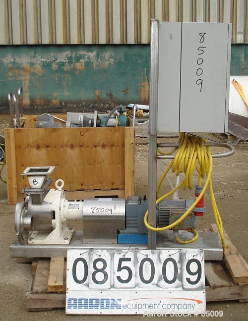 Used Sine Sanitary Rotary Positive Displacement Pump, Model MR135NNRBS, 316 stainless steel. 2" x 9" rectangular flange inlet, 3" NPT outlet, 1 single rotor, approx 14,000 pounds per hour and up to 1...