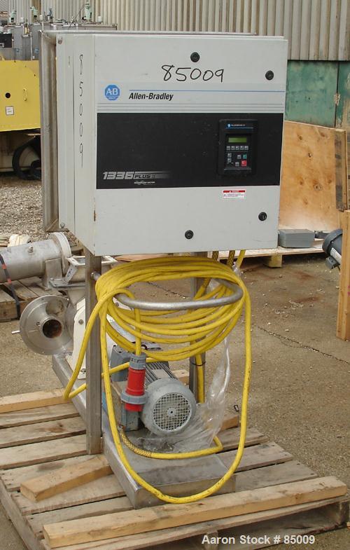 Used Sine Sanitary Rotary Positive Displacement Pump, Model MR135NNRBS, 316 stainless steel. 2" x 9" rectangular flange inlet, 3" NPT outlet, 1 single rotor, approx 14,000 pounds per hour and up to 1...