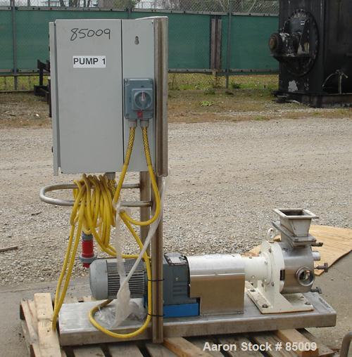 Used Sine Sanitary Rotary Positive Displacement Pump, Model MR135NNRBS, 316 stainless steel. 2" x 9" rectangular flange inlet, 3" NPT outlet, 1 single rotor, approx 14,000 pounds per hour and up to 1...