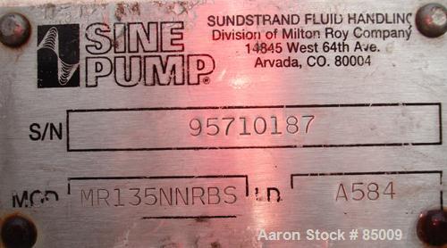 Used Sine Sanitary Rotary Positive Displacement Pump, Model MR135NNRBS, 316 stainless steel. 2" x 9" rectangular flange inlet, 3" NPT outlet, 1 single rotor, approx 14,000 pounds per hour and up to 1...