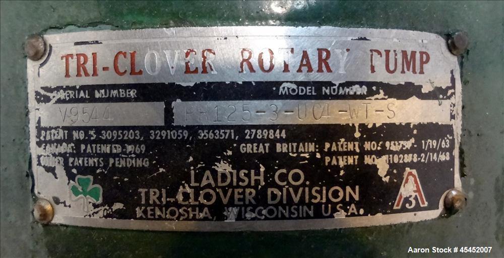 Used Stainless Steel Tri-Clover PR Series Positive Rotary Pump, Model PR125-3-U