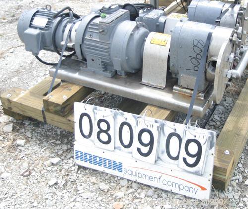 USED:Tri Clover rotary positive displacement pump, model PR125-50M-UC4-SL-S, 316 stainless steel. Approximately 120 gallons per minute at 20 psi. 3-1/2" tri clamp inlet/outlet. (2) 4 lobe rubber roto...