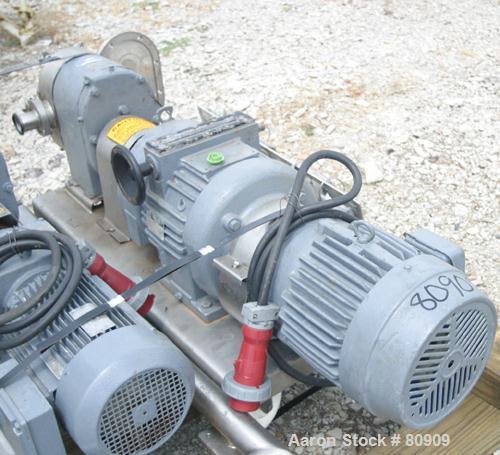 USED:Tri Clover rotary positive displacement pump, model PR125-50M-UC4-SL-S, 316 stainless steel. Approximately 120 gallons per minute at 20 psi. 3-1/2" tri clamp inlet/outlet. (2) 4 lobe rubber roto...