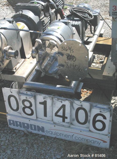 USED: Tri Clover rotary positive displacement pump, model PR125-50M-UC4-SL-S, 316 stainless steel. Approximately 120 gallons per minute at 20 psi. 3-1/2" tri-clamp inlet/outlet. Unit requires rotors....