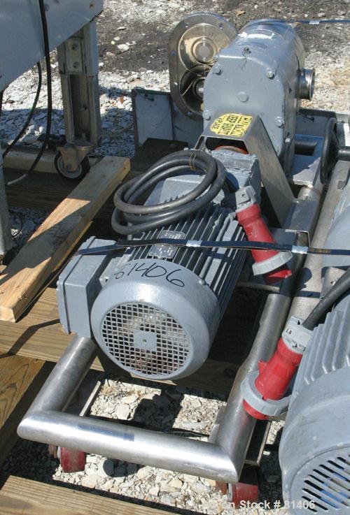USED: Tri Clover rotary positive displacement pump, model PR125-50M-UC4-SL-S, 316 stainless steel. Approximately 120 gallons per minute at 20 psi. 3-1/2" tri-clamp inlet/outlet. Unit requires rotors....