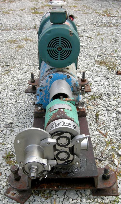 USED: Tri Clover rotary positive displacement pump, model PRR10-1-1/2M-TC1-4-ST-S, 316 stainless steel. Approximate 10 gallons per minute capacity, .013 gallon displacement per revolution. (2) 4 lobe...