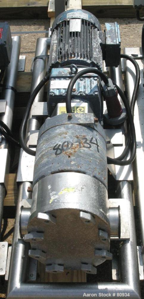 USED:Tri Clover rotary positive displacement pump, 316 stainless steel. 3-1/2" tri-clamp inlet/outlet. (2) 4 lobe rubber rotors. Driven by a 7.5 hp, 3/60/230/460 volt, 1720 rpm motor thru an SM-Beier...