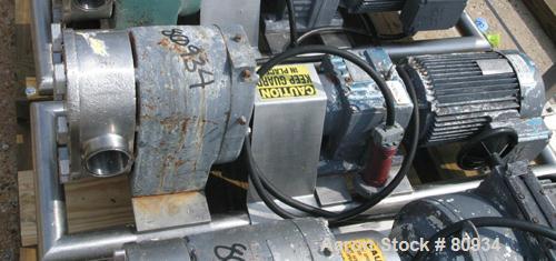 USED:Tri Clover rotary positive displacement pump, 316 stainless steel. 3-1/2" tri-clamp inlet/outlet. (2) 4 lobe rubber rotors. Driven by a 7.5 hp, 3/60/230/460 volt, 1720 rpm motor thru an SM-Beier...