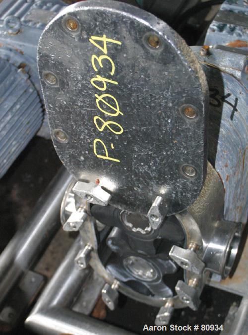 USED:Tri Clover rotary positive displacement pump, 316 stainless steel. 3-1/2" tri-clamp inlet/outlet. (2) 4 lobe rubber rotors. Driven by a 7.5 hp, 3/60/230/460 volt, 1720 rpm motor thru an SM-Beier...