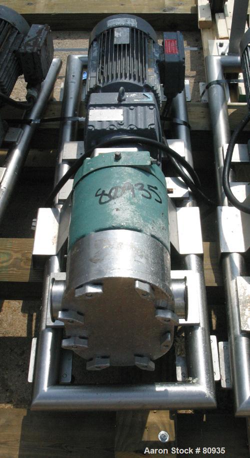 USED:Tri Clover rotary positive displacement pump, 316 stainless steel. 3-1/2" tri-clamp inlet/outlet. (2) 4 lobe rubber rotors. Driven by a 7.5 hp, 3/60/230/460 volt, 1720 rpm motor thru an SM-Beier...