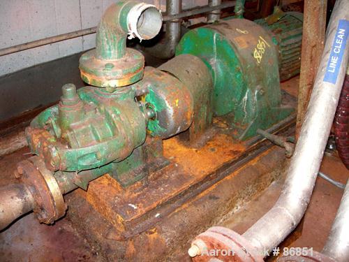 USED: Tuthill/Ulrich rotary positive displacement pump, model 3A, stainless steel. Approximate 66 gallons per minute capacity at 230 rpm. 3" NPT inlet/outlet. Driven by an approximate 10 hp gearmotor...