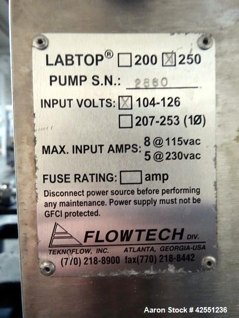Used Unibloc PD Labtop Rotary Lobe Pump, Model 250, Stainless Steel. Has polyflex plastic rotors, 1" inlet/outlet. Approximately 8 gpm with integrally motor with vfd controller. 104-126 volt. Serial#...