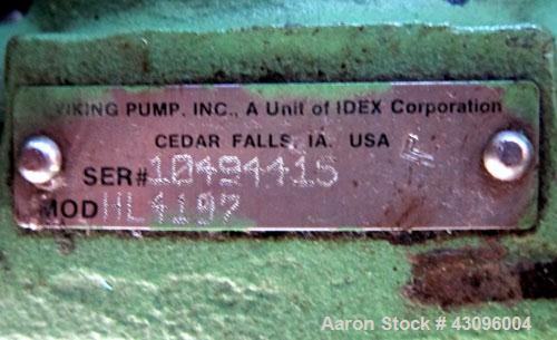Used Viking Heavy Duty Rotary Gear Positive Displacement Pump, Model HL 4197, 316 Stainless Steel. Approximately 90 gallons per minute at 1800 rpm. 1-1/2" Diameter inlet/outlet, pressure relief valve...