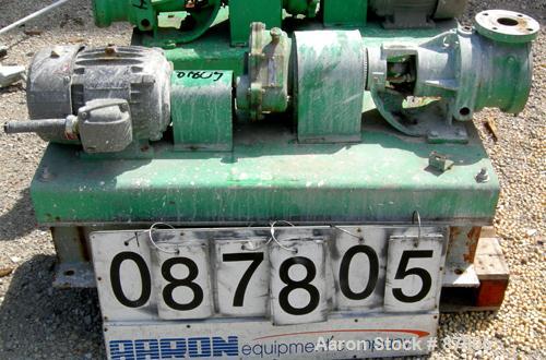 Used Viking Heavy Duty Rotary Pump, Model KK4724, 316 Stainless Steel. Approximately 50 gallons per minute at 420 rpm. 2" diameterinlet/outlet. Driven by a 5 hp, 3/60/230/460 volt, 1735 rpm XP motor....