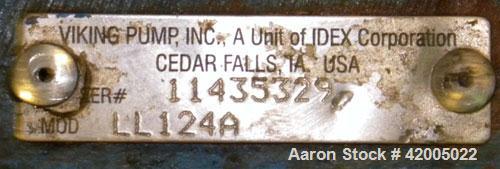 Used Viking Industrial Duty Rotary Gear Positive Displacement Pump, model LL124A, carbon steel. Approximately 140 gallons per minute at 520 rpm. 3" diameter inlet/outlet, pressure relief cover. Drive...