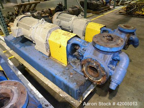 Used Viking Industrial Duty Rotary Gear Positive Displacement Pump, model LS124A, carbon steel. Approximately 200 gallons per minute at 640 rpm. 3" diameter inlet/outlet, pressure relief cover. Drive...