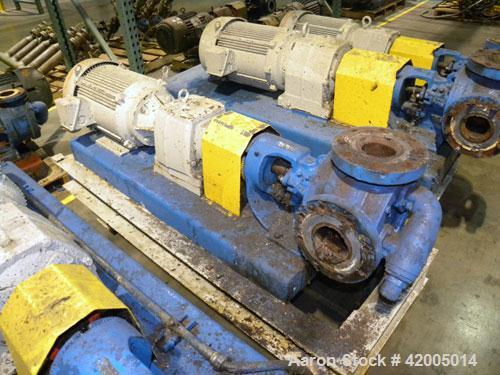 Used Viking Industrial Duty Rotary Gear Positive Displacement Pump, model LS124A, carbon steel. Approximately 200 gallons per minute at 640 rpm. 3" diameter inlet/outlet, pressure relief cover. Drive...