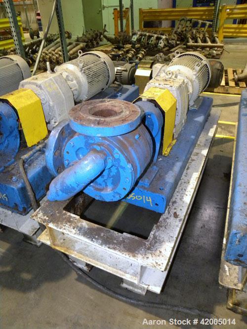 Used Viking Industrial Duty Rotary Gear Positive Displacement Pump, model LS124A, carbon steel. Approximately 200 gallons per minute at 640 rpm. 3" diameter inlet/outlet, pressure relief cover. Drive...