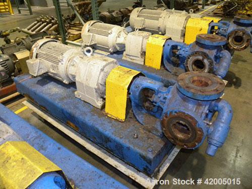 Used Viking Industrial Duty Rotary Gear Positive Displacement Pump, model LS124A, carbon steel. Approximately 200 gallons per minute at 640 rpm. 3" diameter inlet/outlet, pressure relief cover. Drive...