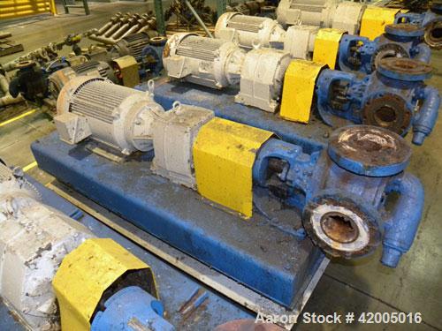 Used Viking Industrial Duty Rotary Gear Positive Displacement Pump, model LS124A, carbon steel. Approximately 200 gallons per minute at 640 rpm. 3" diameter inlet/outlet, pressure relief cover. Drive...