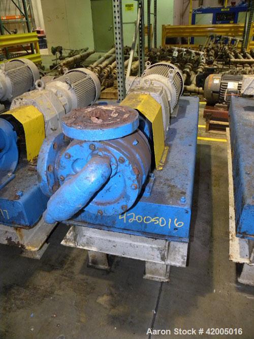Used Viking Industrial Duty Rotary Gear Positive Displacement Pump, model LS124A, carbon steel. Approximately 200 gallons per minute at 640 rpm. 3" diameter inlet/outlet, pressure relief cover. Drive...
