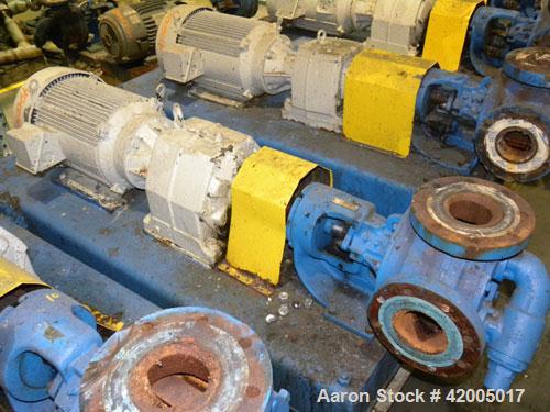Used Viking Industrial Duty Rotary Gear Positive Displacement Pump, model LS124A, carbon steel. Approximately 200 gallons per minute at 640 rpm. 3" diameter inlet/outlet, pressure relief cover. Drive...