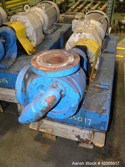 Used Viking Industrial Duty Rotary Gear Positive Displacement Pump, model LS124A, carbon steel. Approximately 200 gallons per minute at 640 rpm. 3" diameter inlet/outlet, pressure relief cover. Drive...